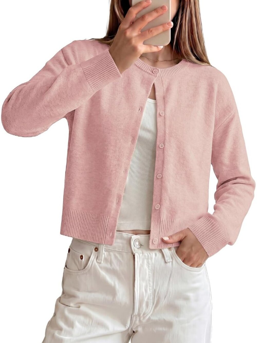 🆕Women's Pink Cropped Knit Cardigan Sweater Crew Neck Button Front Jacket